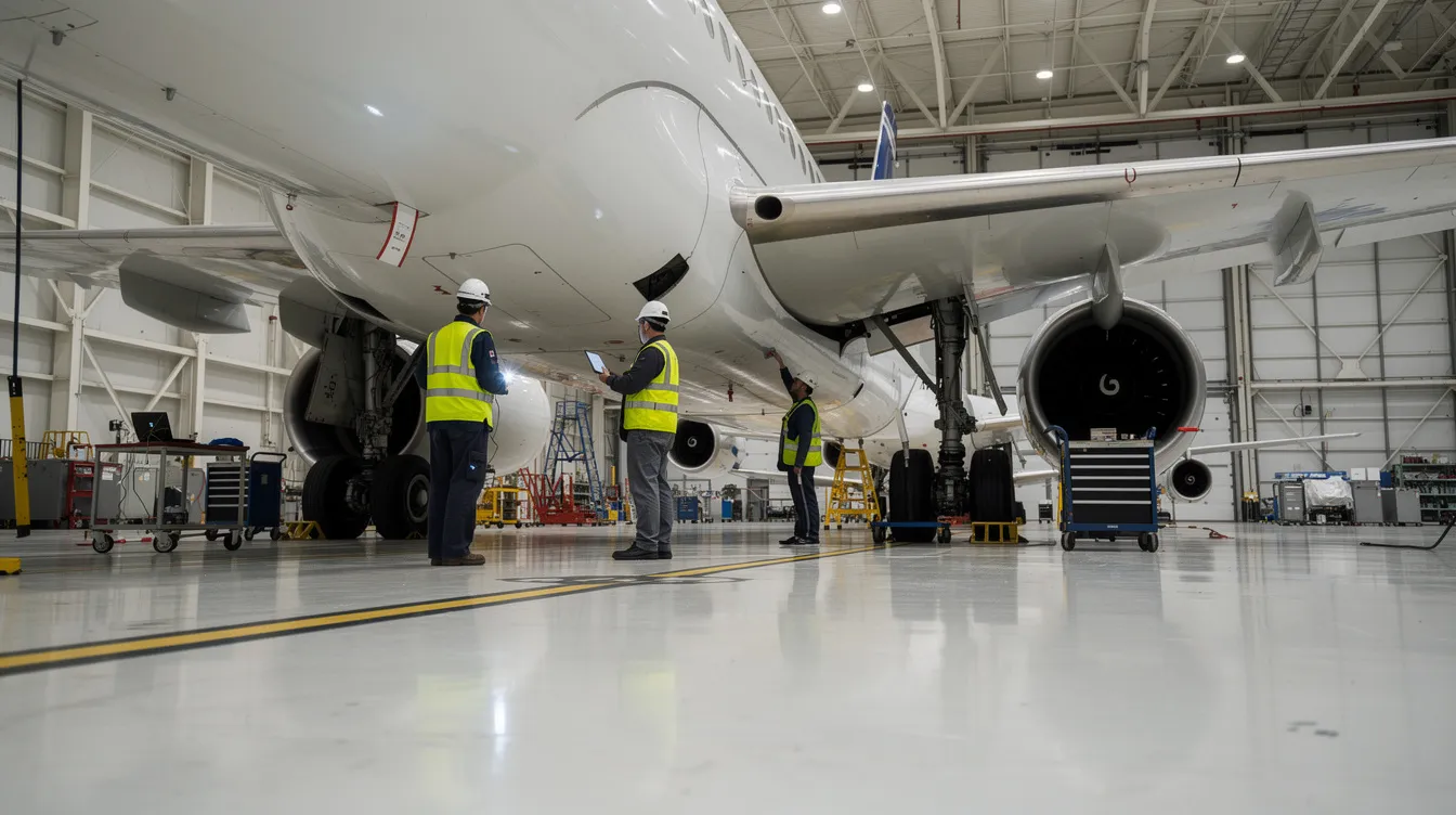 A maintenance team is inspecting the underside of an aircraft inside a hangar, showcasing the hands-on work of aviation maintenance technicians. This scene highlights the critical role of job training and apprenticeship programs in preparing individuals for a successful career in the aircraft maintenance industry.