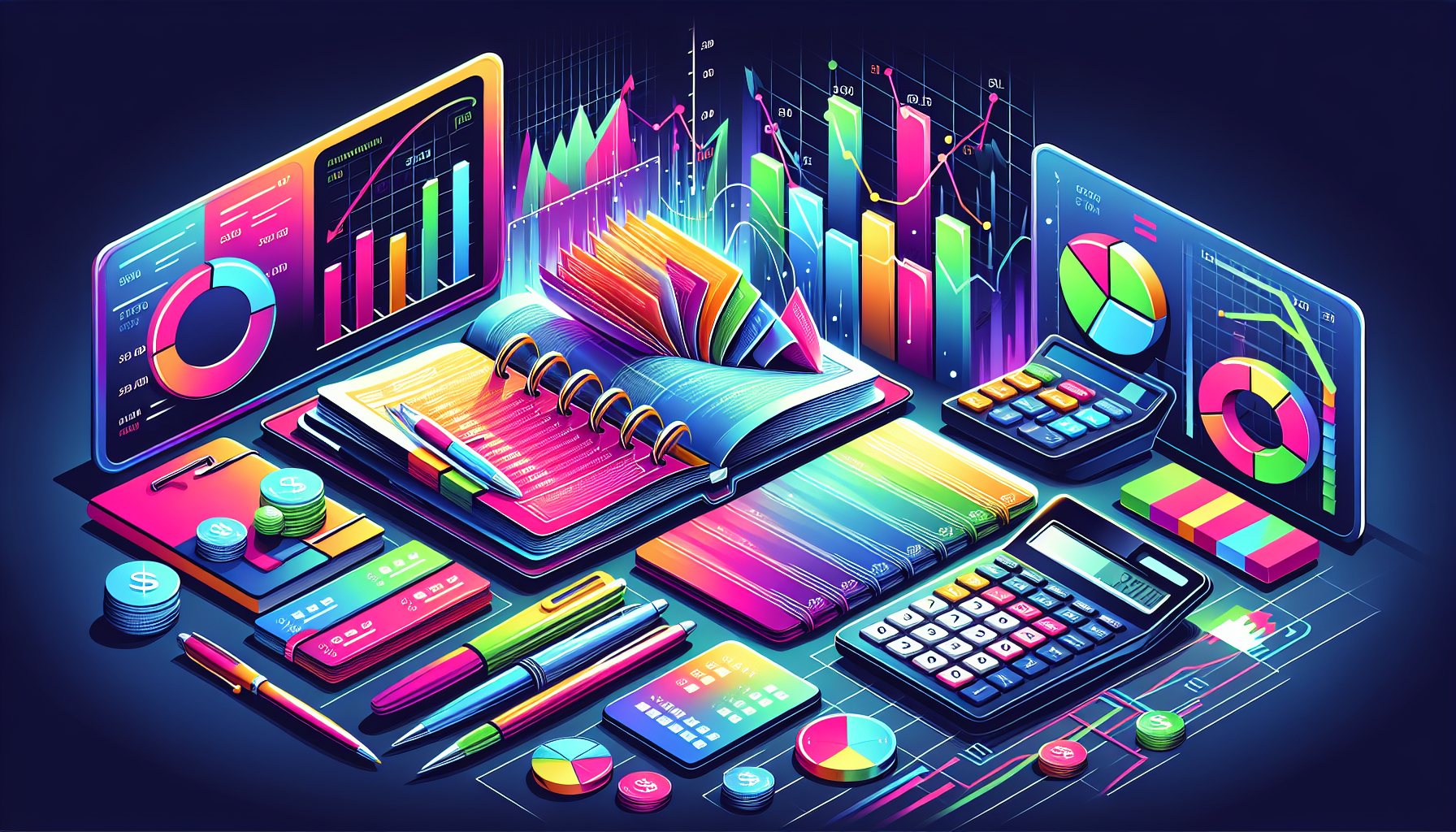 An illustration of a budget planner and various financial tools to create a realistic budget.