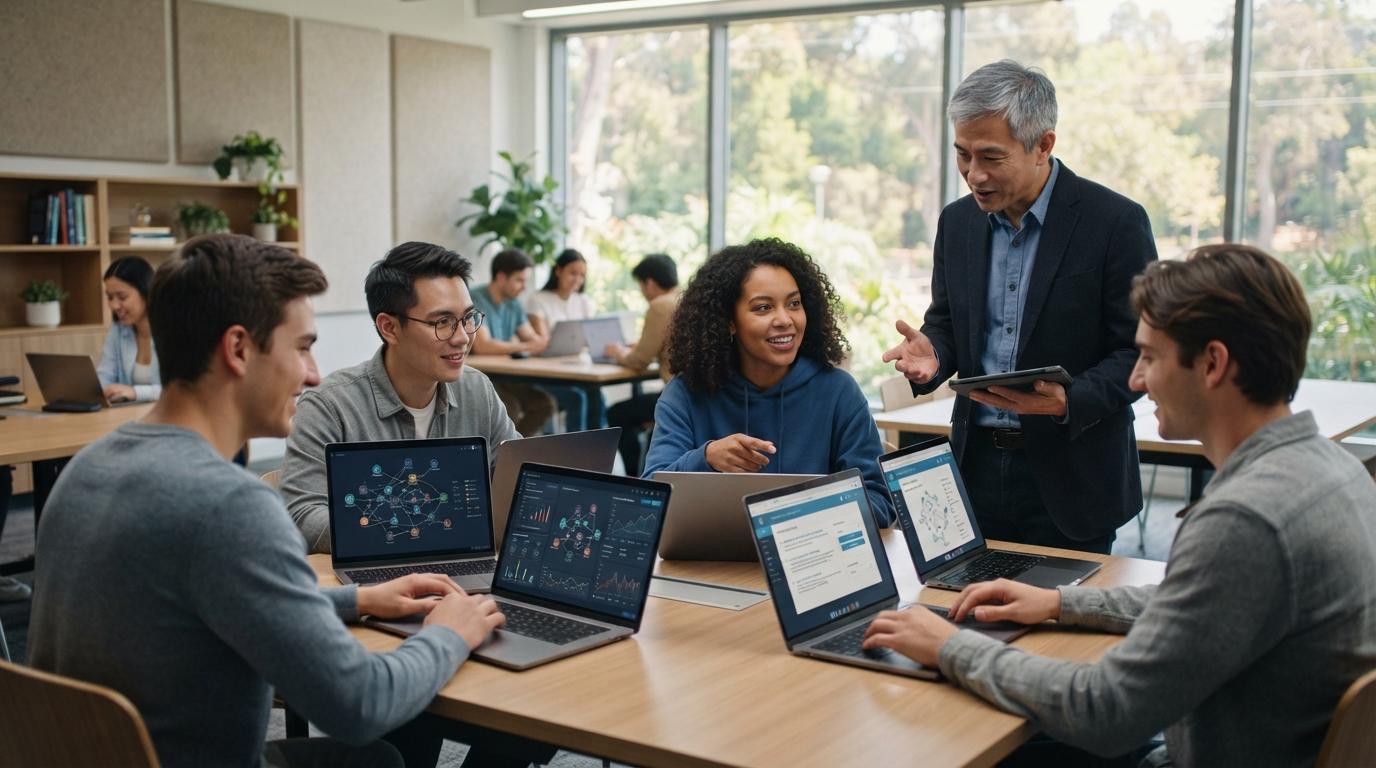 Photorealistic university students easily navigating AI-powered learning on laptops while a professor provides guidance, modern technology-enabled classroom, natural lighting.