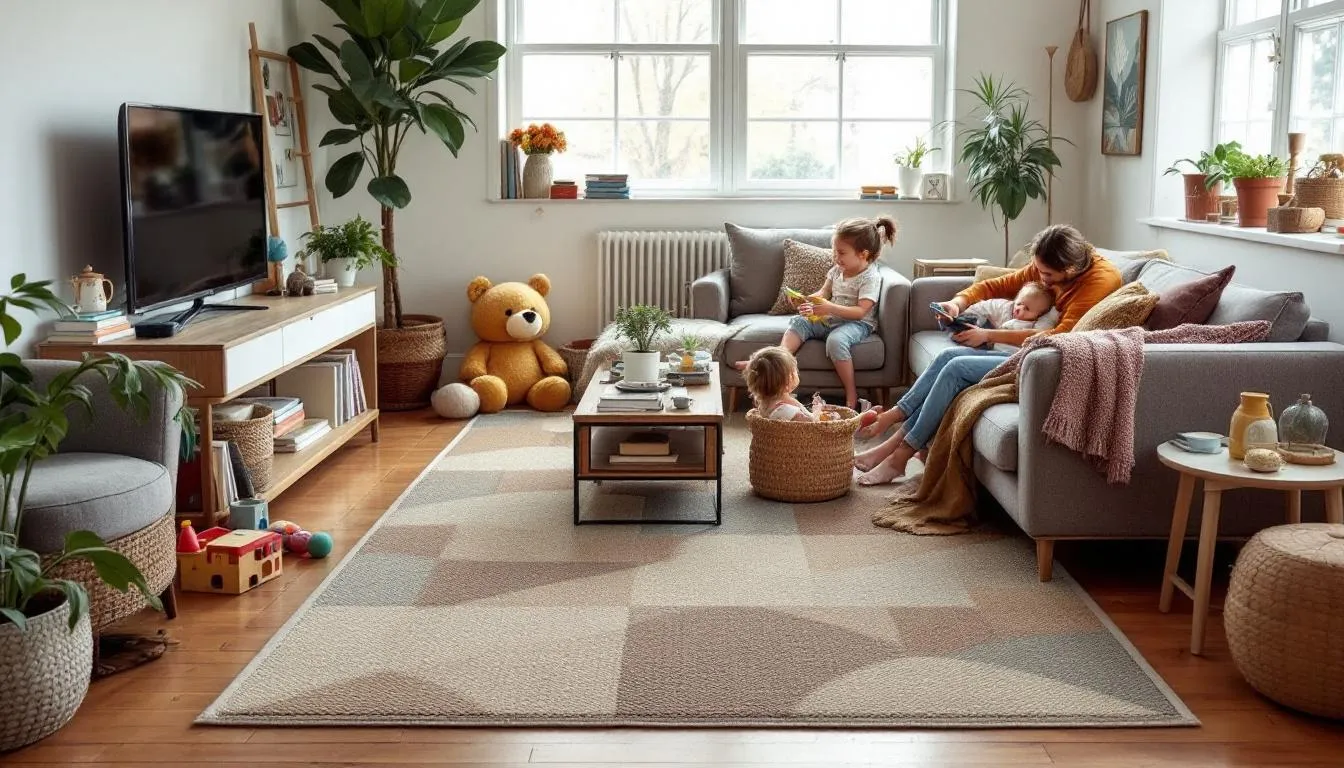 The image features a patterned wool rug in earthy tones, placed in a busy family living room filled with furniture. This cozy rug is designed to withstand high foot traffic, making it a great choice for homes with kids and pets.