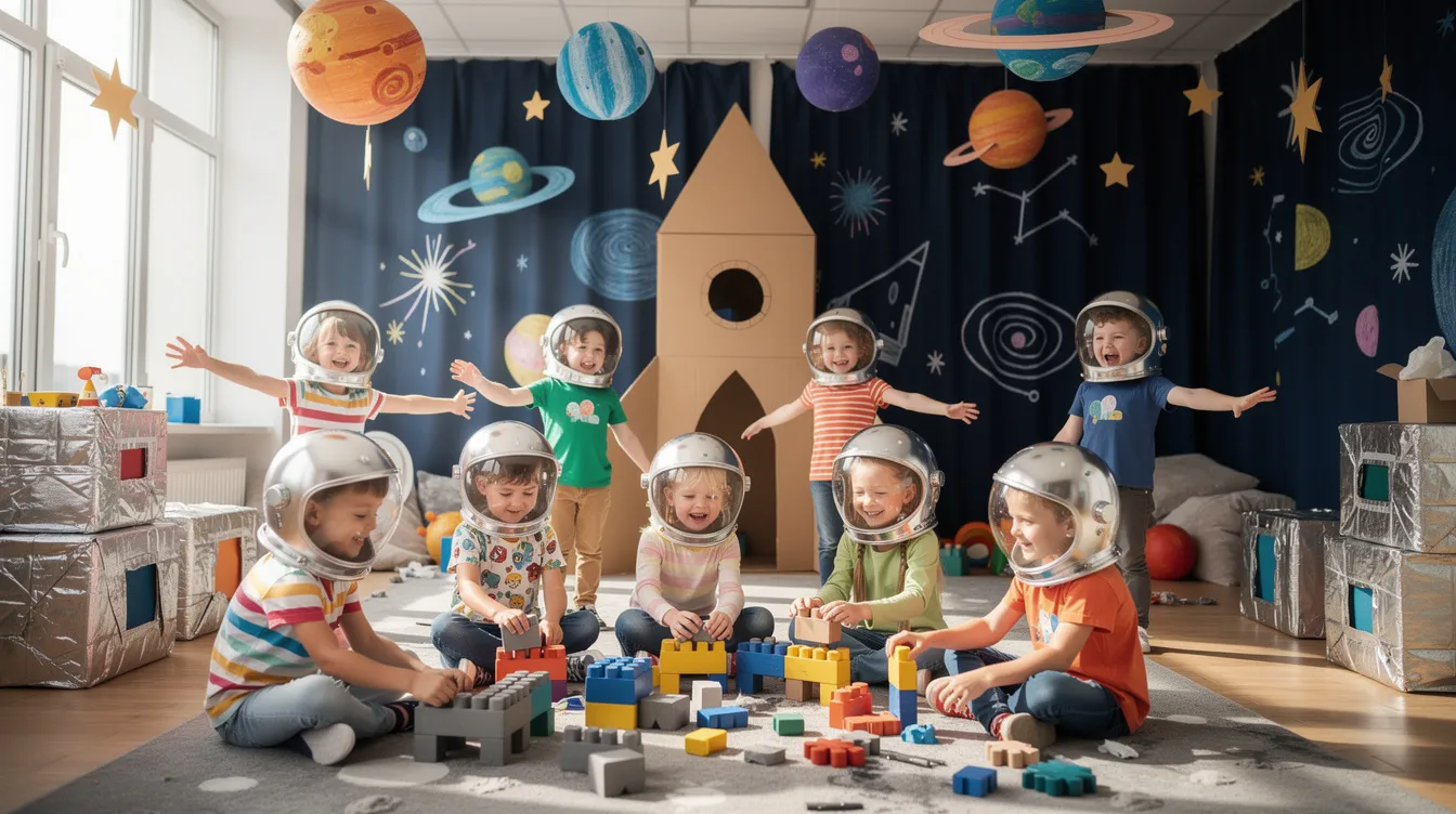 Na zdjęciu widać dzieci w przedszkolnej sali, ubrane w srebrne kaski astronautów, bawiące się wśród kosmicznych dekoracji, co pobudza ich ciekawość i wyobraźnię podczas obchodów dnia kosmosu. Atmosfera radości i zabawy sprzyja rozwijaniu zdolności poznawczych przedszkolaków oraz ich zainteresowania tematyką kosmosu.