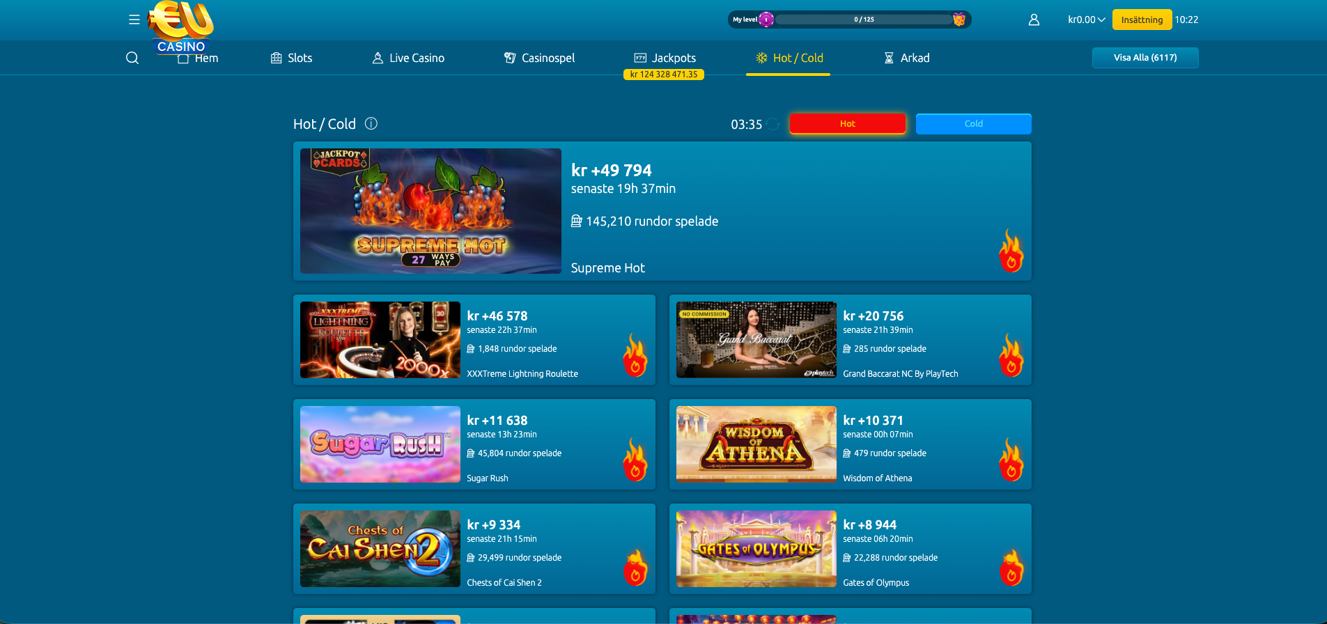 EUcasino Hot Cold spel med populära slots och live casino för svenska spelare
