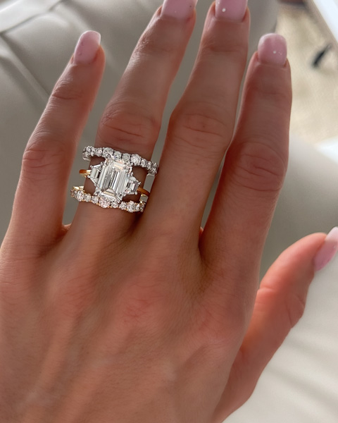 Lab grown diamond wedding bands (Jumbo Pavé Ripple band) & and a Three Stone Engagement ring engagment ring with trapezoid sides, a real and sustainable alternative to mined diamonds for those wondering are lab grown diamonds real