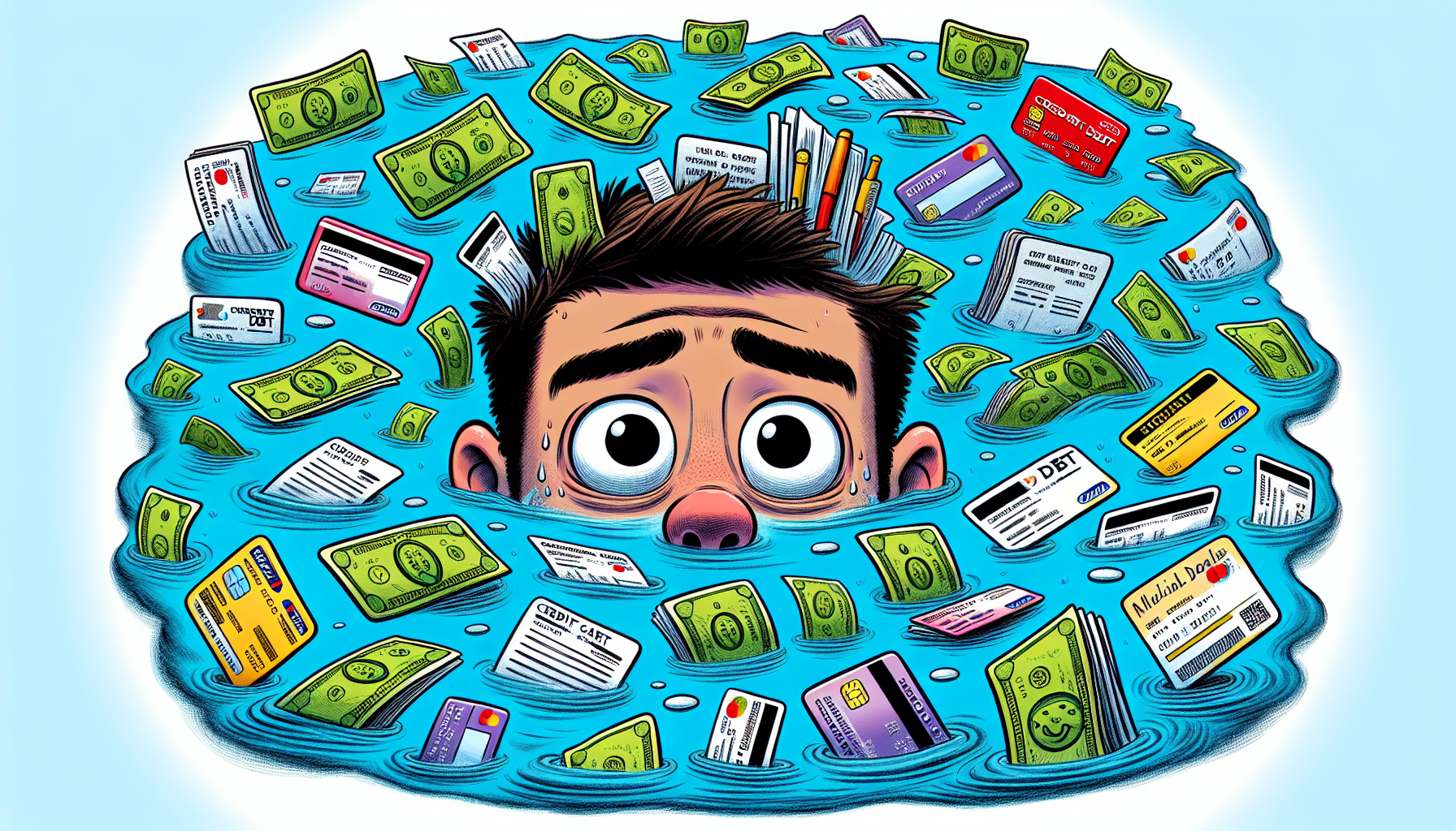 An illustration depicting a person overwhelmed by various debt types, symbolizing drowning in debt.