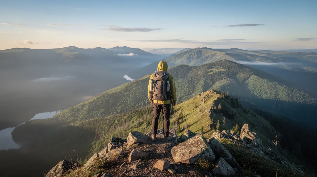 Ein Wanderer steht auf einem Berggipfel und genießt den weiten Blick über die bewaldeten Hügel und Täler des Sauerlandes. Diese beeindruckende Aussicht ist ein Highlight für Naturliebhaber und Wanderfreunde, die die vielfältigen Ausflugsziele in Nordrhein-Westfalen erkunden möchten.