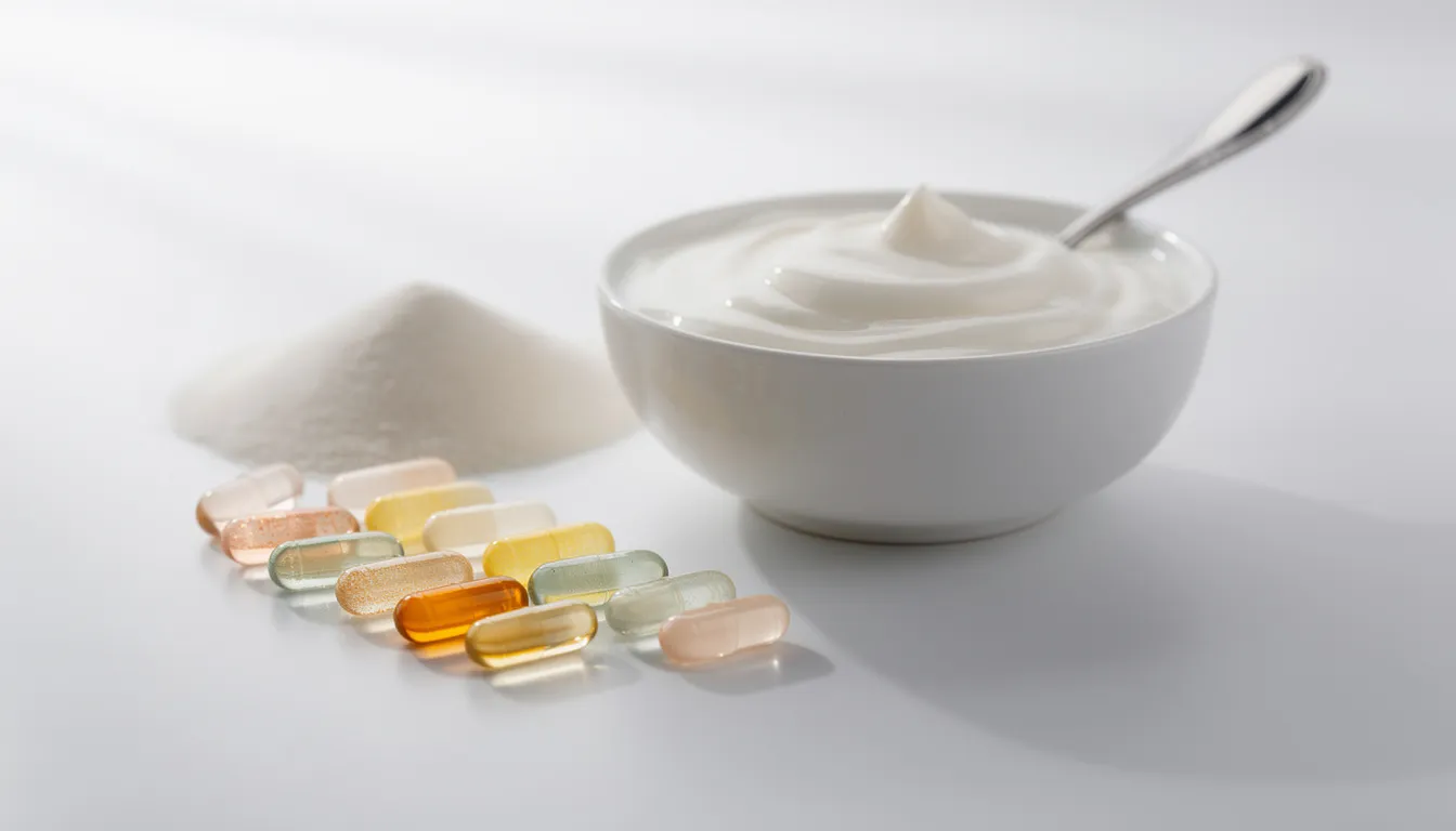 An arrangement of supplement capsules and powder is placed next to a bowl of homemade yogurt on a clean laboratory-style surface, reflecting aspects of David Sinclair&rsquo;s supplement regimen aimed at promoting longevity and cellular health. This setup may include various supplements associated with longevity research, such as nicotinamide mononucleotide (NMN) and vitamin D, highlighting a modern approach to nutrition and aging.