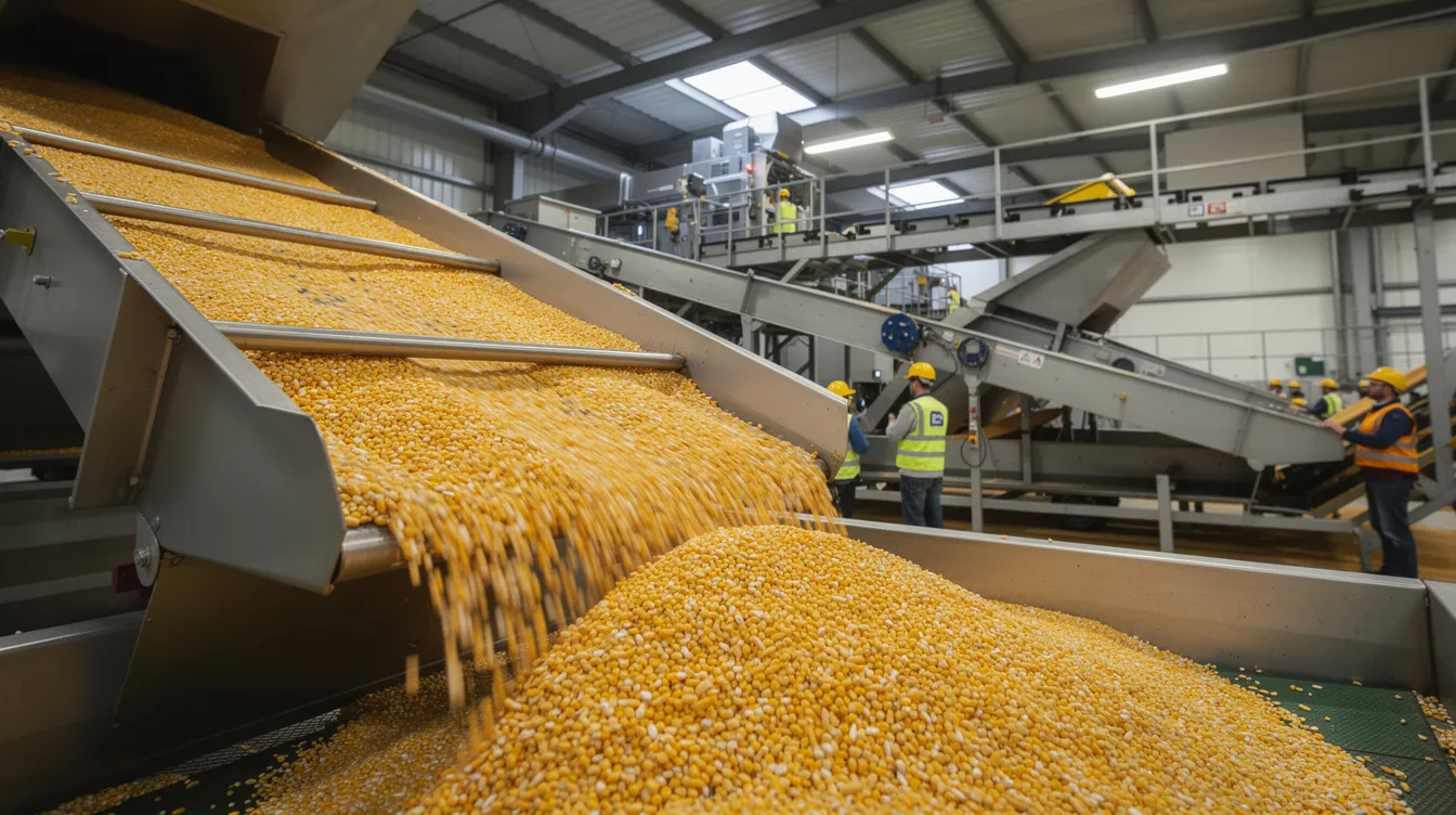c0864950 2d36 47df 9462 9e2d5efac4f0 The image depicts golden maize grain being processed in a modern agricultural facility, featuring advanced conveyor systems that facilitate the efficient production of ethanol. This facility plays a crucial role in India's ethanol blending programme, contributing to the country's energy security and efforts to reduce crude oil imports.