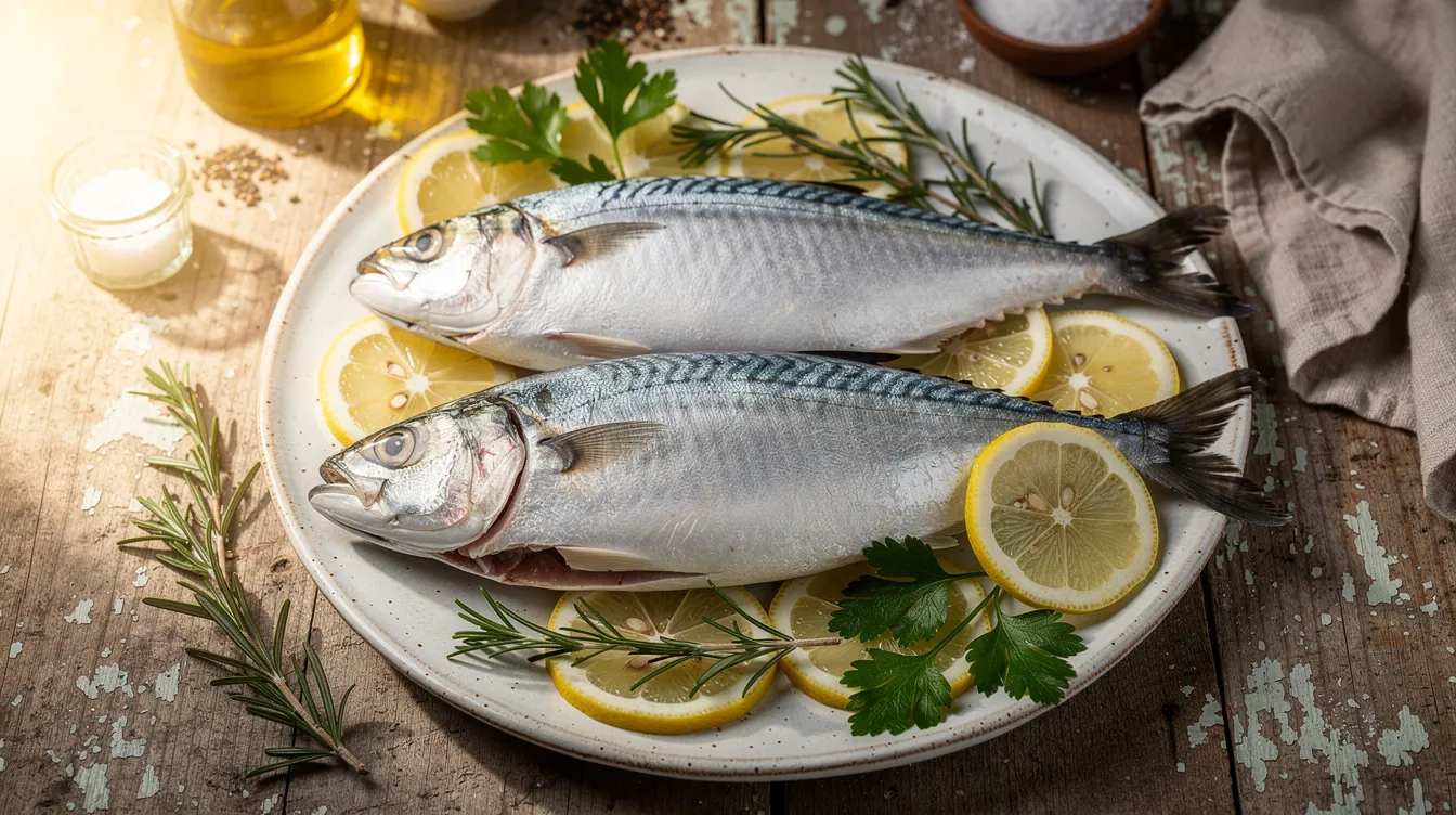 Des sardines et maquereaux frais sont joliment disposés sur une assiette en céramique, accompagnés de tranches de citron et d'herbes, évoquant un repas méditerranéen riche en oméga 3 et bénéfique pour la santé. Cette présentation met en avant des aliments essentiels pour le bien-être, notamment pour les femmes atteintes du syndrome des ovaires polykystiques (SMOP ( SOPK)).