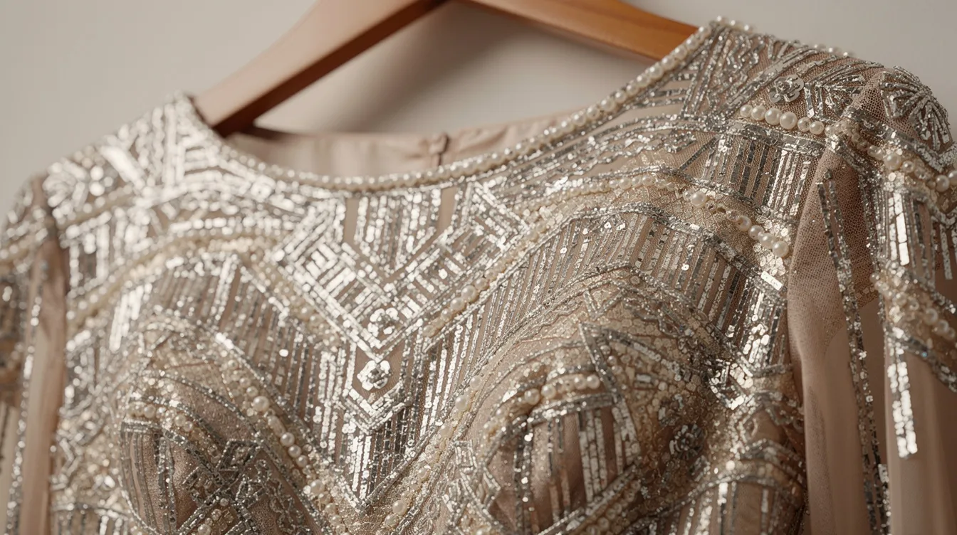 Nahaufnahme eines eleganten Kleides im Art-déco-Stil, das mit funkelnden Perlen und Pailletten verziert ist. Das Kleid hängt an einem Kleiderbügel und erinnert an die glamourösen 20er Jahre für Damen.