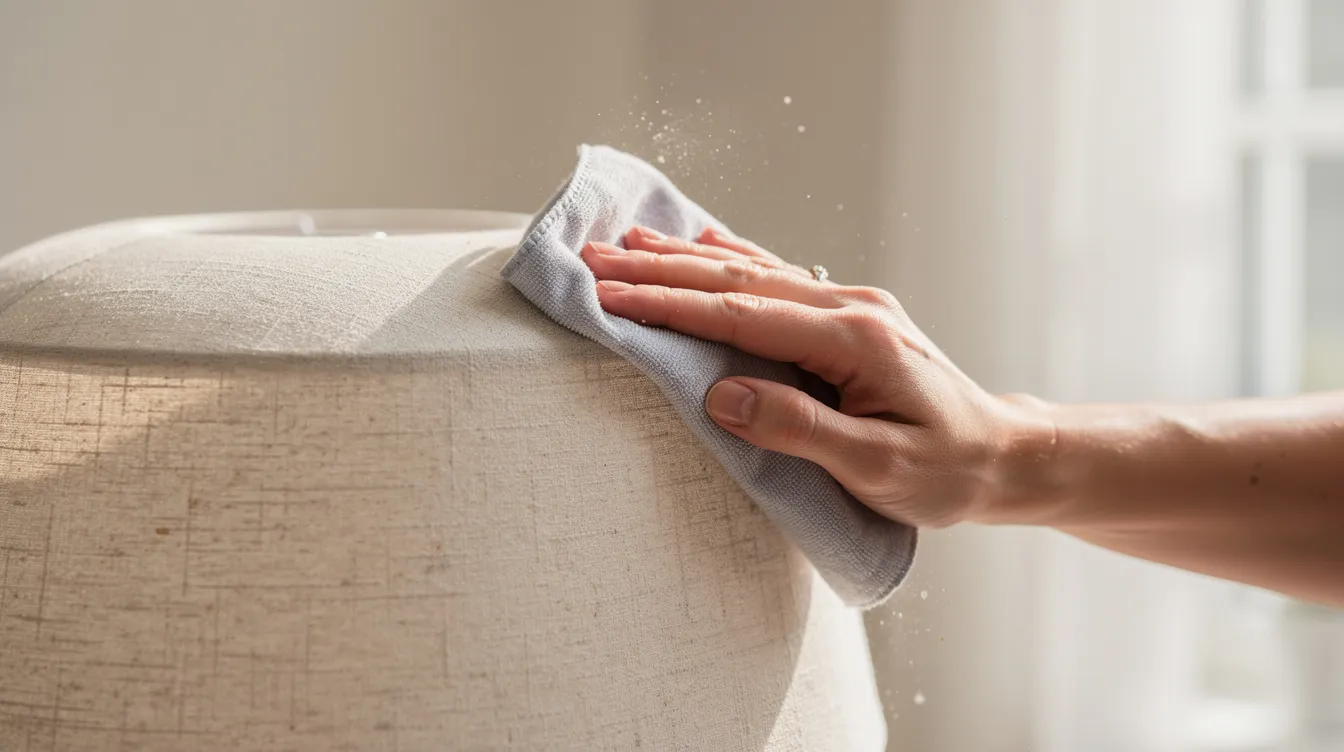 En person dammar försiktigt av en ljus tygskärm på en taklampa med en mikrofiberduk. Tygskärmen ger en mjuk och behaglig belysning i rummet och passar bra med olika inredningsstilar.