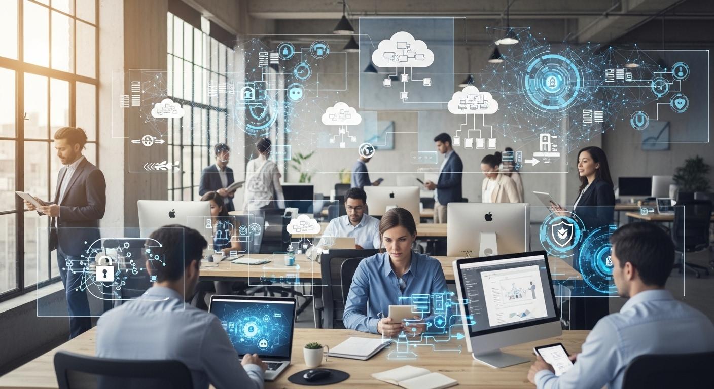 Employees working from laptops, tablets, and thin clients connected to a centralized virtual desktop platform with security and cloud infrastructure visuals.