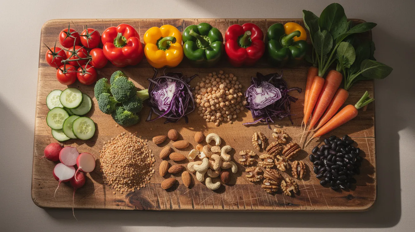 The image features a vibrant assortment of fresh vegetables, legumes, and nuts beautifully arranged on a rustic wooden cutting board, promoting a healthy diet rich in nutrients essential for maintaining muscle mass and overall well-being. This colorful display serves as a reminder of the importance of incorporating plant-based foods into your daily routine for optimal health and longevity.