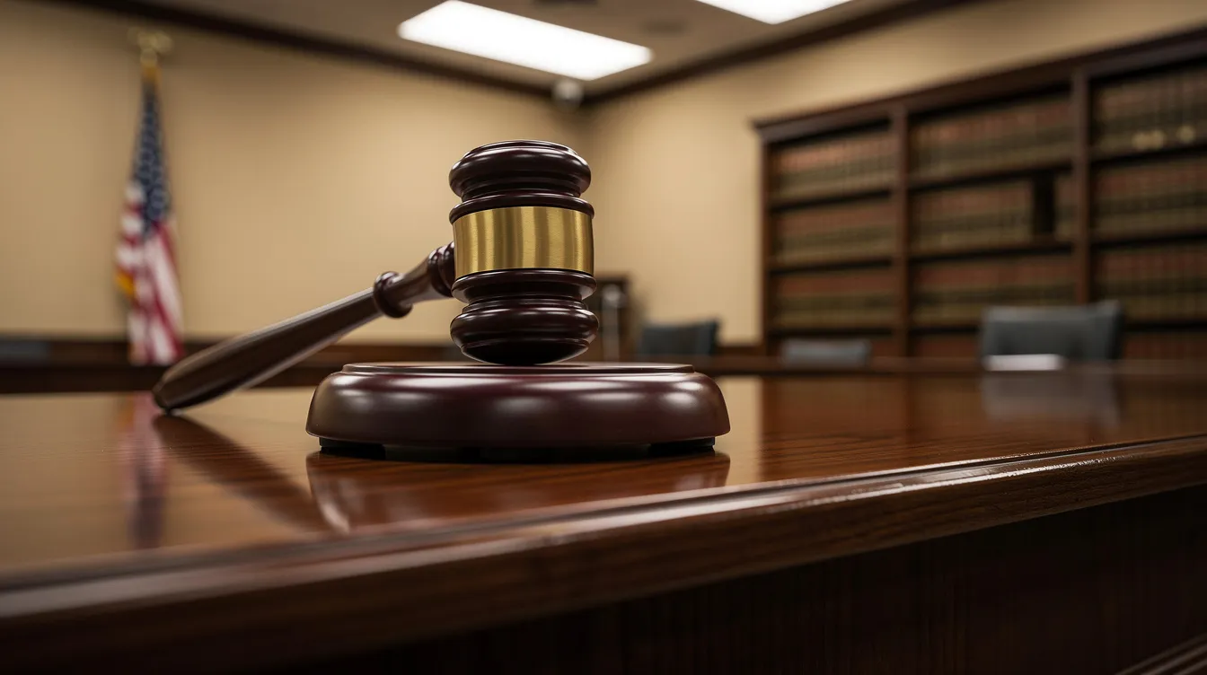 The image depicts a wooden gavel resting on a judge's bench in a courtroom, symbolizing the authority of the law. This setting is often associated with discussions around legal matters, including topics like the Mississippi medical cannabis program and the legal status of THCA products.