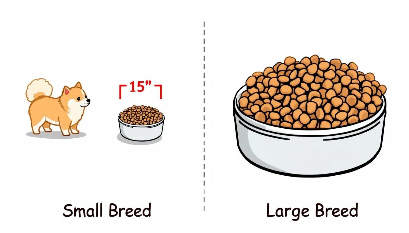 In this image, a comparison chart illustrates different portion sizes of dog food for small breed dogs and larger dogs, highlighting the nutritional needs of small dogs and their specific dietary requirements. The visual emphasizes the importance of providing complete and balanced nutrition tailored to the life stages of small breed puppies, adult dogs, and senior pets.