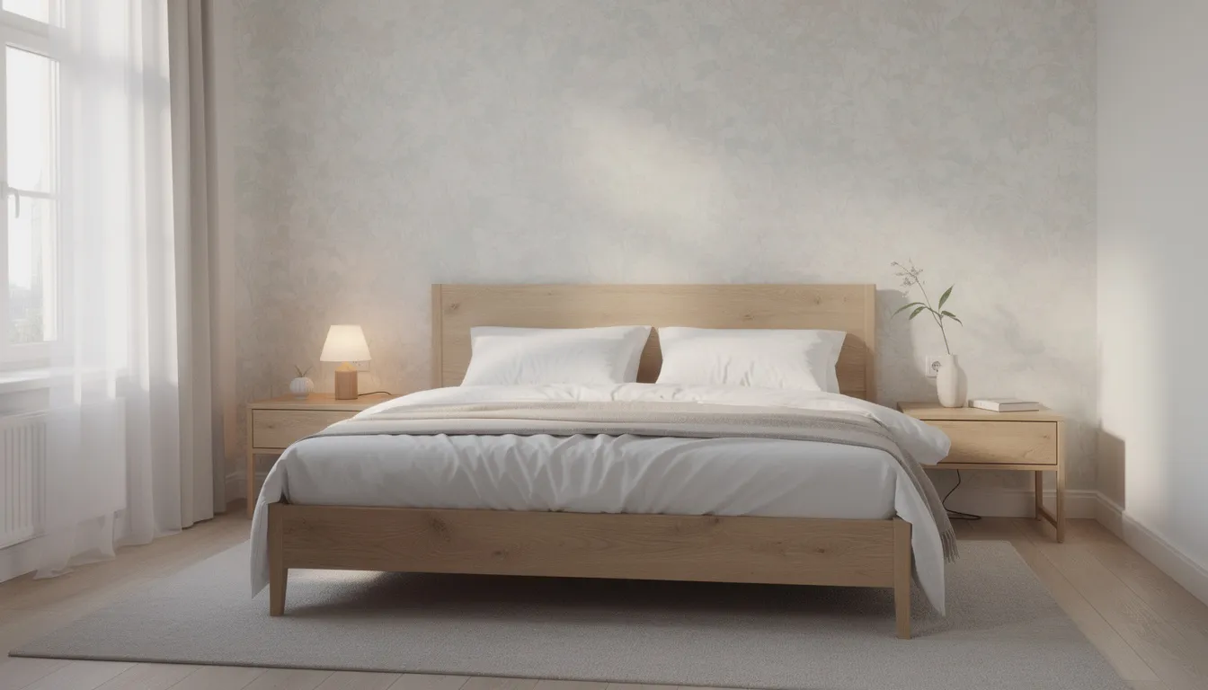 Ontdek het perfecte behang voor slaapkamer: stijl en sfeer creëren Een serene slaapkamer met een houten bedframe staat centraal, omringd door zachtgekleurde muren met een subtiel patroon van geometrische vormen. De ruimte straalt een rustgevende sfeer uit, perfect voor een goede nachtrust.