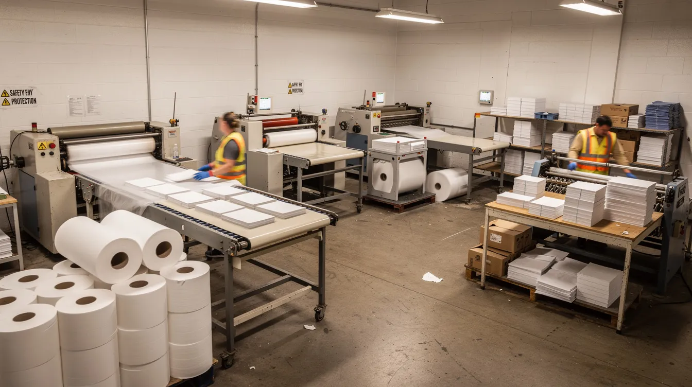 c091df60 c98e 42c4 9b12 d1bbb8cccd8b The image depicts a small manufacturing workshop filled with various machines actively producing paper products. This setting reflects a micro enterprise environment, where business owners utilize machinery to meet local demand and generate financial projections for their loan project reports.