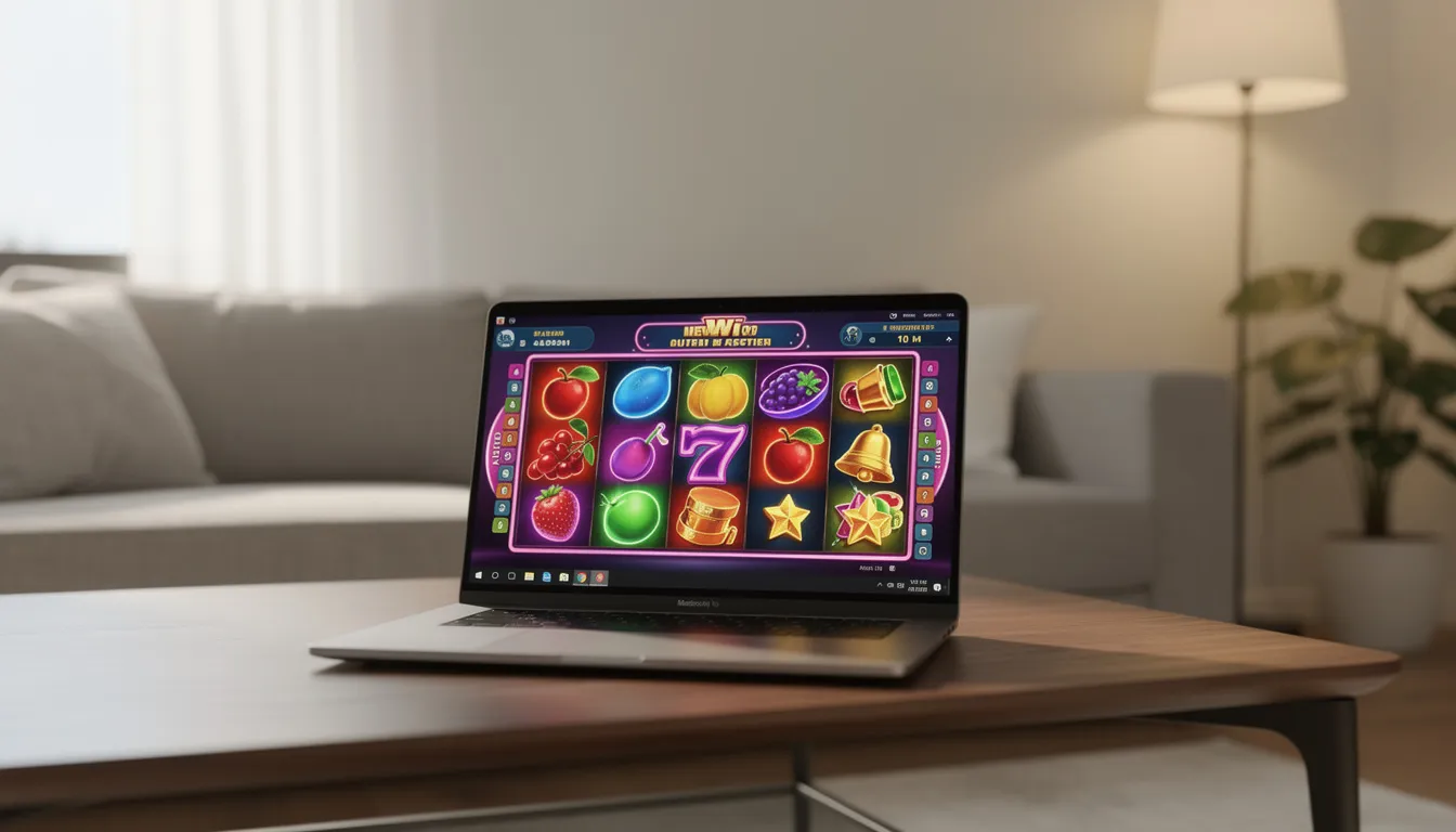 The image shows a laptop in a modern living room, featuring vibrant and colorful slot game reels on the screen, symbolizing the excitement of online casinos and casino games. The cozy setting suggests a comfortable space for UK players to enjoy gaming, including potential free spins and welcome bonuses from non gamstop casinos.