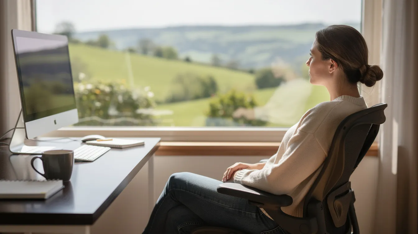 Uma pessoa faz uma pausa no computador e observa uma paisagem verde pela janela, enquanto raios de luz iluminam o ambiente. A imagem captura um momento de tranquilidade, refletindo a importância de cuidar da visão e da qualidade de vida, especialmente para aqueles que enfrentam dificuldades como a miopia.