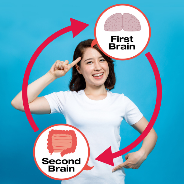 An image of a woman pointed to her head (first brain) and her gut (second brain) with arrows symbolizing the relationship between the two organ.