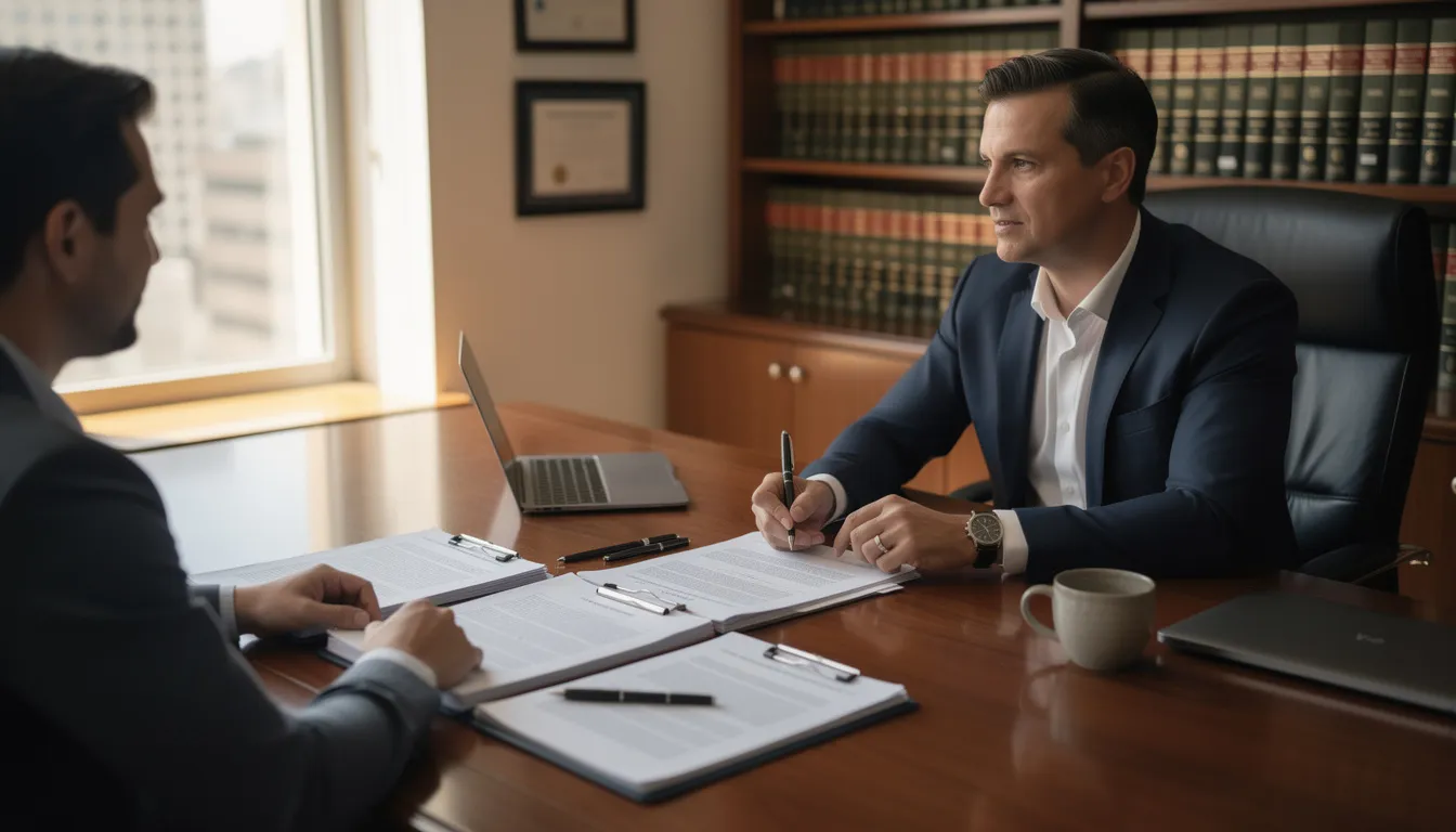 The image depicts a lawyer meeting with a client at a desk, surrounded by various documents, likely discussing details related to medical malpractice claims. The lawyer appears engaged and attentive, indicating a professional consultation about potential legal options in a medical malpractice lawsuit.