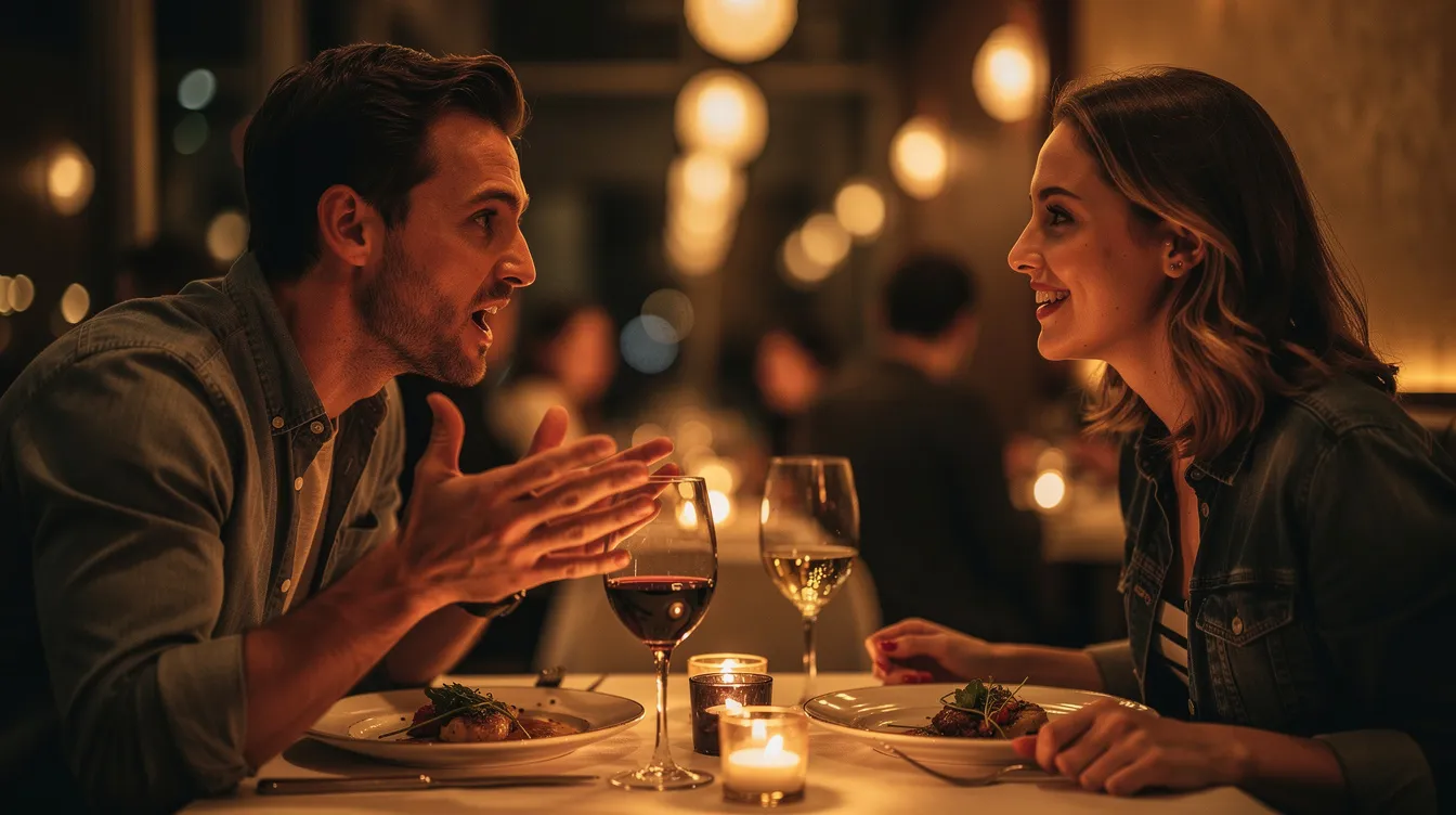 A man is animatedly sharing a story with a woman during a dinner date, creating an atmosphere of connection and engagement. This scene captures the early stages of a romantic relationship, where future plans and promises may be discussed, highlighting the importance of mutual respect and genuine intention in building a healthy relationship.