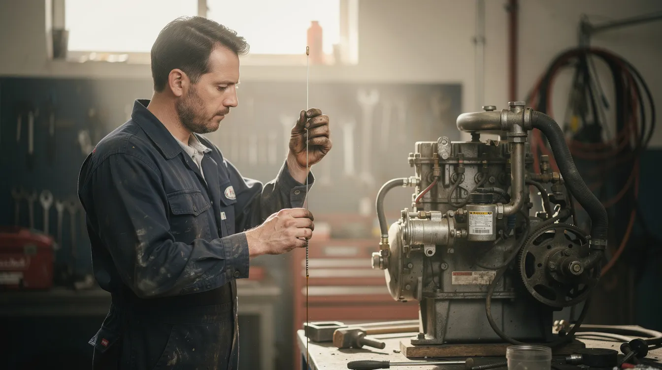 A mechanic in work clothes is inspecting the oil dipstick on a small diesel engine, likely a Kubota, to ensure its performance and maintenance. The scene captures the attention to detail required in maintaining machinery that operates with horsepower and torque.