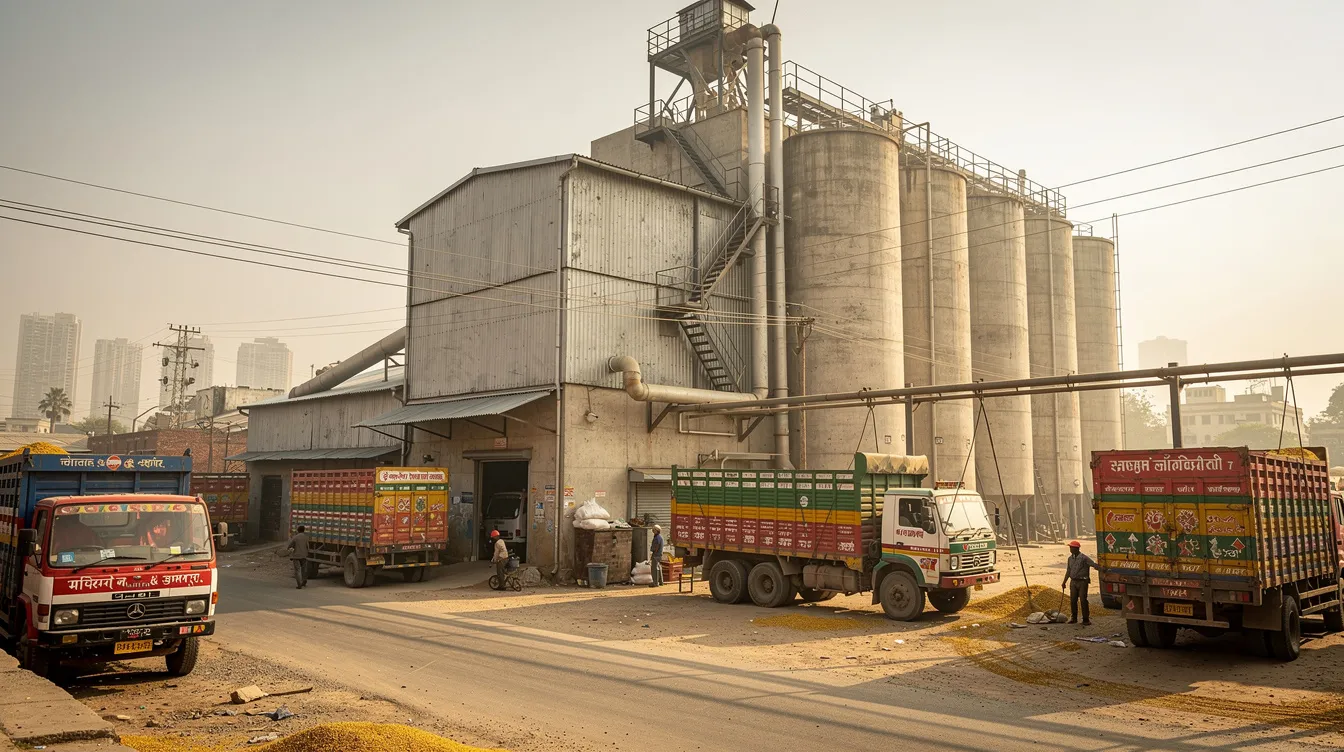 c09908d3 e987 4b41 8271 02031436ac88 The image shows a wide-angle view of a large industrial flour mill building in India, featuring grain silos and loading trucks, indicative of a roller flour mill plant. This facility highlights the processing of wheat into flour, showcasing the scale and machinery involved in the industry.