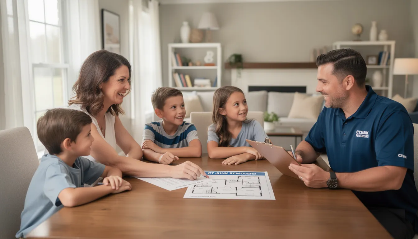 A member of a professional Connecticut junk removal team is providing consultation to a family in a clean and organized home, discussing their estate cleanout needs and how to efficiently handle unwanted items. The scene reflects a stress-free experience, highlighting the team's commitment to fair pricing and reliable service.