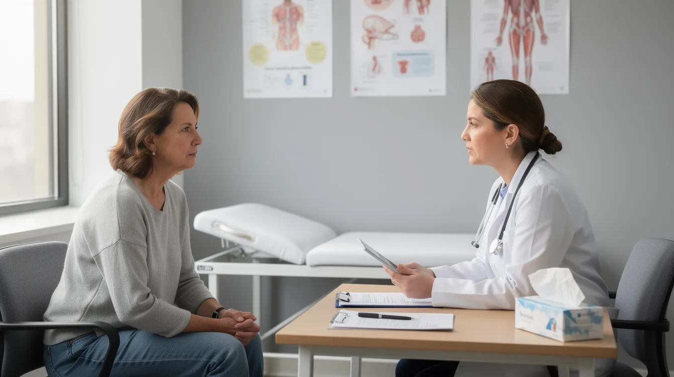 A woman is engaged in a consultation with a healthcare professional in a clinical setting, discussing various dietary supplements, including the potential health benefits of mushroom extracts like lion's mane and reishi mushrooms for cognitive function and immune support. The environment is calm and professional, emphasizing the importance of personalized health advice.