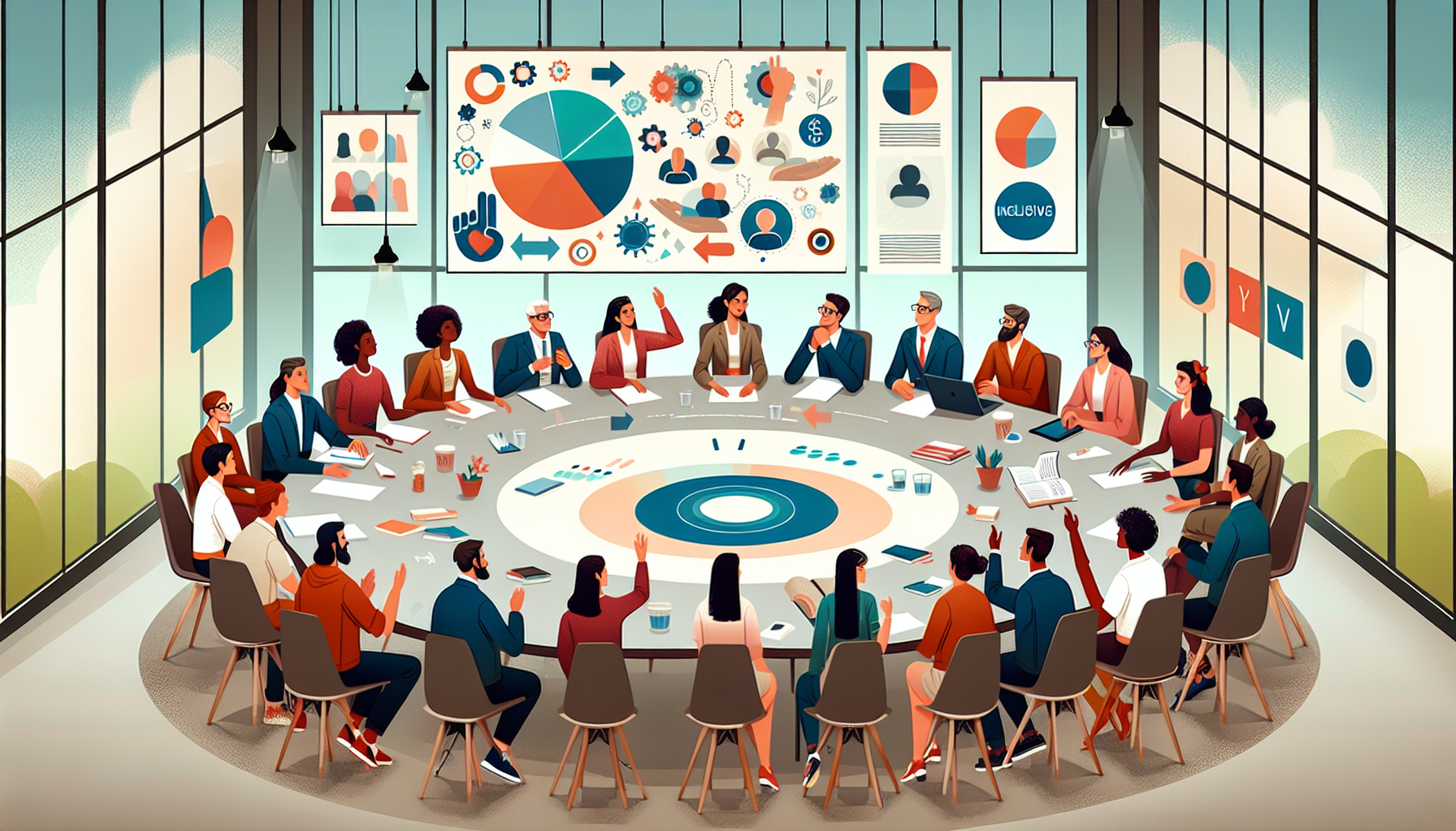 Illustration of a group of diverse employees discussing company policies and values