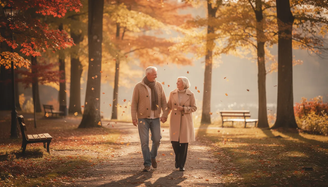 A retired couple strolls hand in hand through a scenic park in Bentonville, surrounded by vibrant autumn trees. The peaceful atmosphere highlights their enjoyment of life and the beauty of the local area, as they reflect on their financial future and long-term goals.
