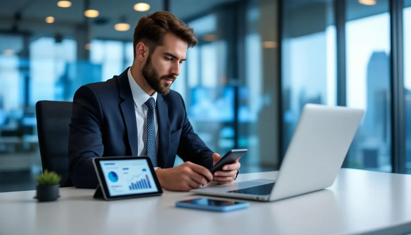 A business professional is intently reviewing social media analytics on multiple devices, analyzing data from various social media platforms to enhance their marketing strategy and reach targeted audiences. The scene reflects the importance of understanding the social media landscape for effective professional networking and business growth. - Instagram vs LinkedIn: Which Platform Should Your Business Focus on