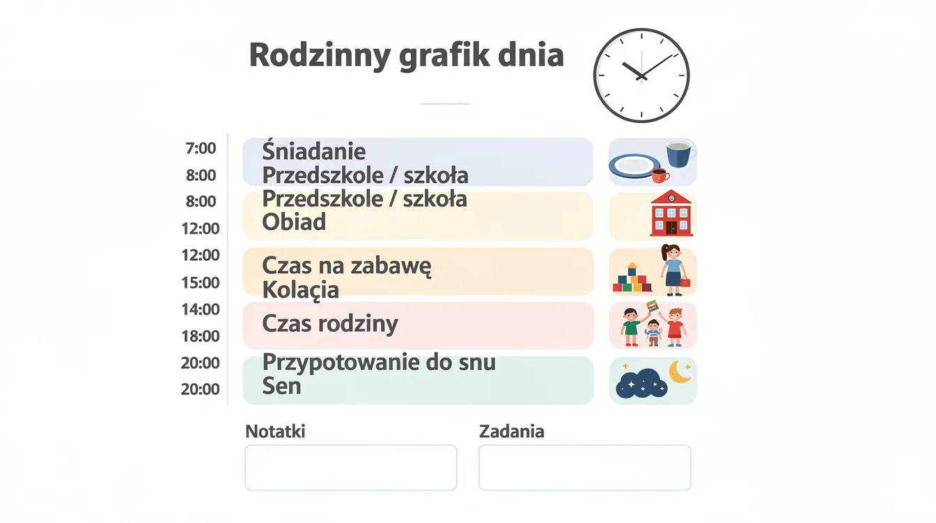 Na obrazku przedstawiony jest rodzinny grafik dnia z kolorowymi obrazkami ilustrującymi r&oacute;żne czynności oraz zegar analogowy, kt&oacute;ry pomaga dzieciom w nauce odczytywania godzin. Grafika ma na celu nauczyć dziecko zegara w przyjemny spos&oacute;b, ułatwiając mu rozpoznawanie pełnych godzin i kwadrans&oacute;w.