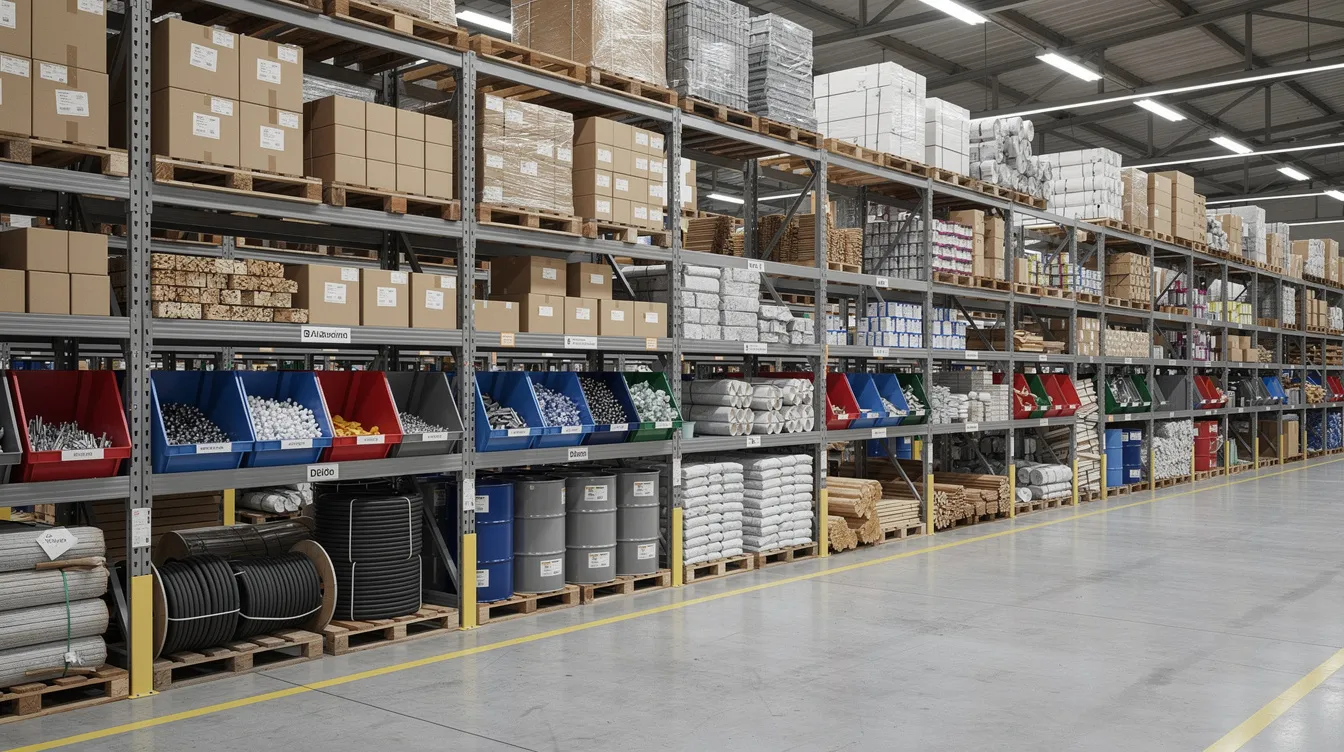 c0a0f788 1e03 4828 aa77 0db95a622fe7 The image depicts neatly organized shelves in a warehouse, filled with various raw materials and supplies, showcasing an efficient inventory management system essential for small businesses and micro enterprises looking to expand their operations. This organized setup reflects the importance of cash flow and proper asset management in the application process for loans, such as Mudra loans, to support business growth.