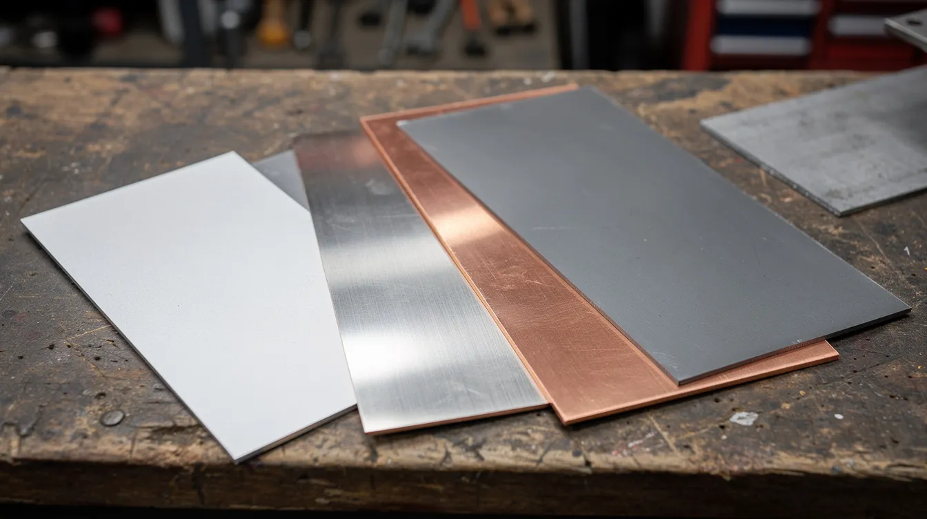 The image shows a variety of metal sheet samples, including aluminum, stainless steel, copper, and cold-rolled steel, neatly arranged on a workbench, highlighting the different materials used in sheet metal fabrication and custom metal fabrication services. This setup reflects the comprehensive capabilities of metal fabricators in providing high-quality parts for various industries.