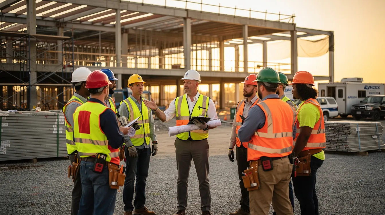 A construction superintendent is leading a morning meeting with crew members at a commercial building site, emphasizing essential leadership skills and effective communication. The scene highlights the importance of collaboration and project planning within the construction industry to ensure successful project outcomes.