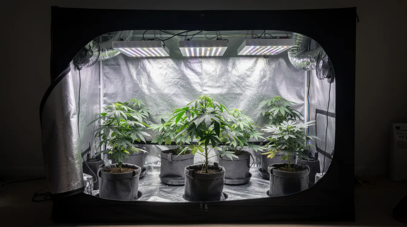 Das Bild zeigt ein aufgebautes Indoor-Anbauzelt, in dem grüne Pflanzen unter leuchtenden LED-Lampen wachsen. Im Inneren des Zeltes sind auch ein Ventilationssystem und ein Kohlenstofffilter sichtbar, die für optimale Temperatur- und Feuchtigkeitsbedingungen sorgen.