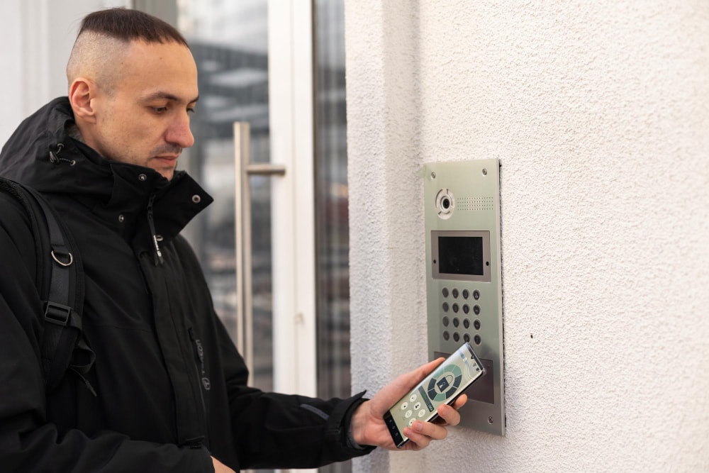 Side view of man using the business's existing security controls and using his phone to bypass the intrusion detection system.