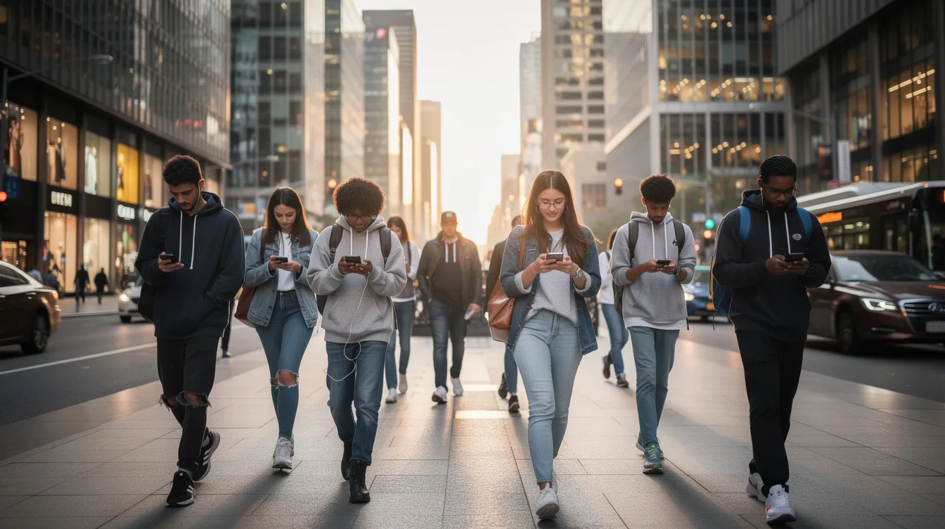 A group of young people is walking through a busy city street, each focused on their phones, seemingly unaware of their surroundings. This scene reflects a modern social dynamic where narcissistic behavior, such as a constant need for admiration and lack of empathy, can manifest in daily interactions and relationships.