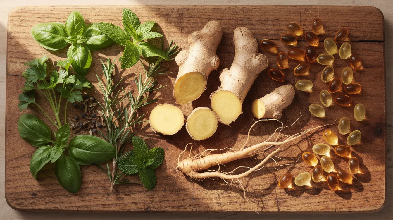 The image features a variety of herbs, roots, and vitamin capsules arranged on a wooden cutting board, suggesting natural options for boosting testosterone levels and promoting healthy hormone balance. Items like maca root and vitamin D are visible, highlighting their role in supporting muscle growth and overall health.