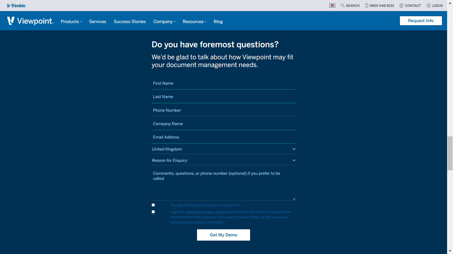 Viewpoint's product demo request page screenshot