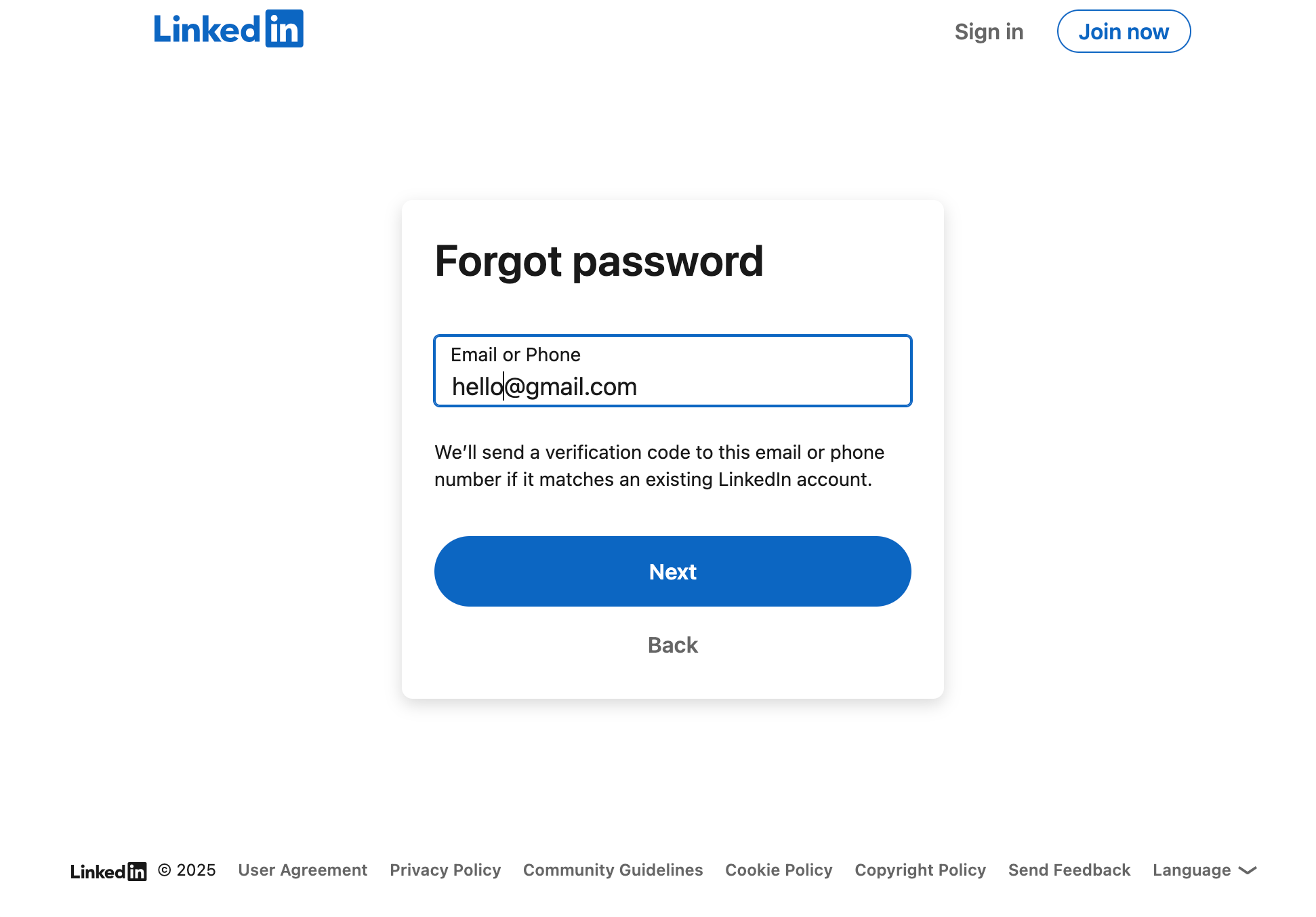 LinkedIn password reset form