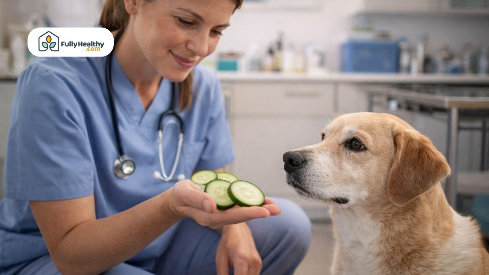 Veterinarian offering cucumber slices to calm dog during clinic visit