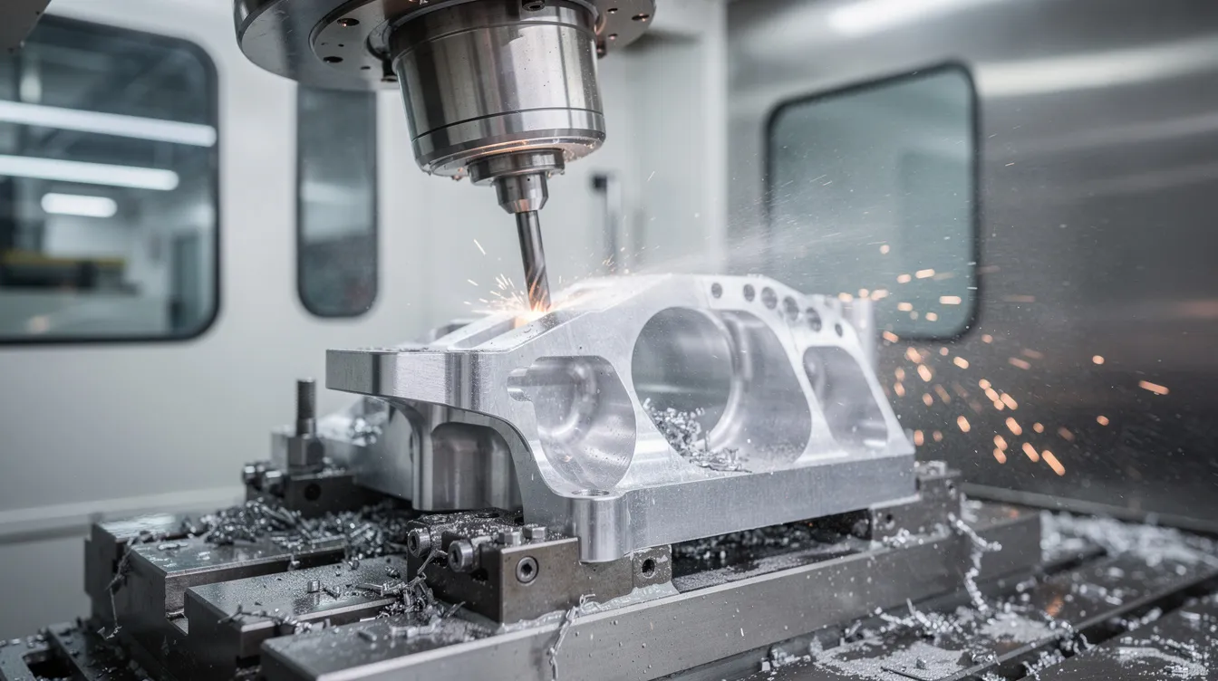 The image shows a close-up of a five-axis CNC machining center actively cutting an aluminum aerospace bracket in a modern factory setting, highlighting the advanced technology and precision machining capabilities of CNC machining companies. The scene emphasizes the intricate details of the machining process, showcasing the high precision and quality associated with aerospace components manufacturing.
