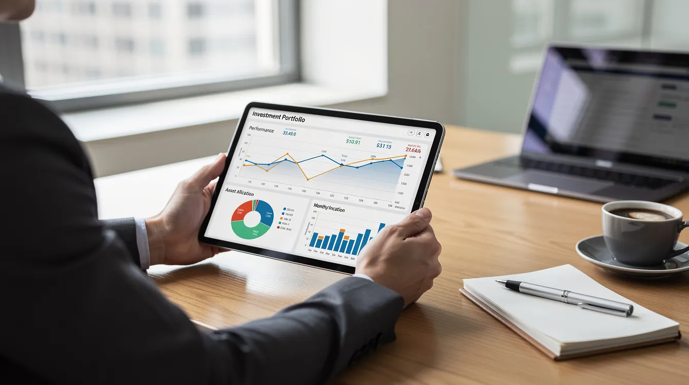 A person is attentively reviewing investment portfolio charts on a tablet, likely analyzing their retirement plan options. This scene highlights the importance of strategic retirement savings for business owners, as they consider various financial plans and investment risks to secure their future financial independence.