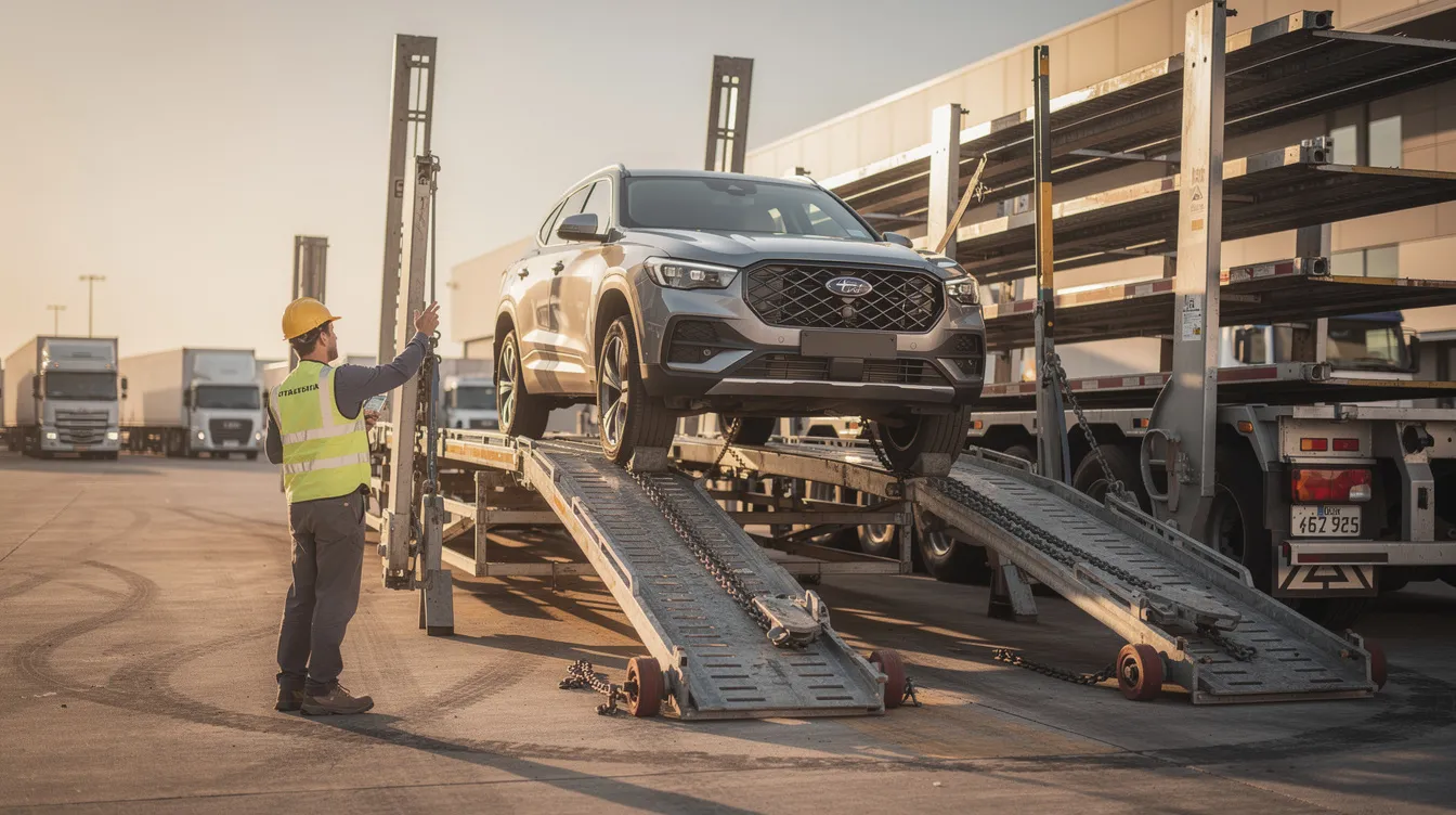 The image shows a vehicle being carefully loaded onto a transport trailer by a professional auto transporter, highlighting the meticulous process involved in car shipping services. This scene emphasizes the importance of reliable car shipping companies that ensure safe and secure vehicle transport.