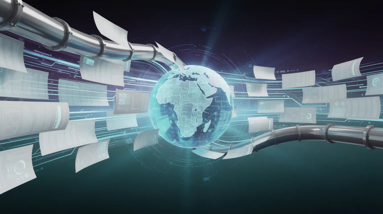 An abstract image depicts documents flowing through a pipeline into a glowing central processing sphere, symbolizing the intricate processes of large language models (LLMs) and their ability to handle input data for generative tasks. The vibrant sphere represents the core of advanced natural language processing, where neural networks and transformer models work together to optimize model performance and enhance understanding of context.