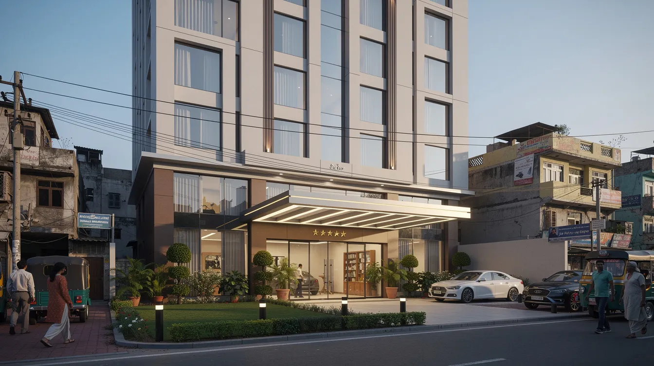 c0af0b1c 0c06 4eb6 b40f a89ae7748d61 The image depicts a modern three-star hotel exterior featuring a sleek, clean facade, a beautifully landscaped entrance, and a covered driveway, all set against the backdrop of an Indian city. This design reflects key trends in the hospitality industry, emphasizing guest room facilities and energy conservation measures.