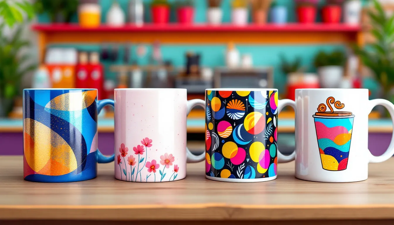 A variety of personalised mugs showcasing different printing techniques.