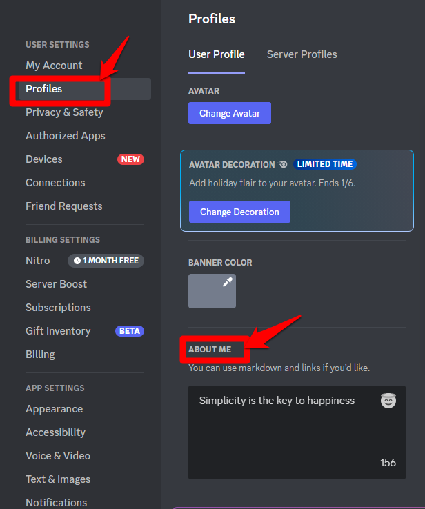 Picture showing how to type your Discord about me on PC